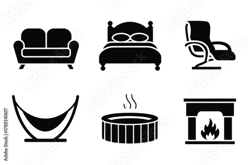 Vector art of Furniture icons sofa, bed, chair, hammock, hot tub, fireplace for interior design and home decor concepts