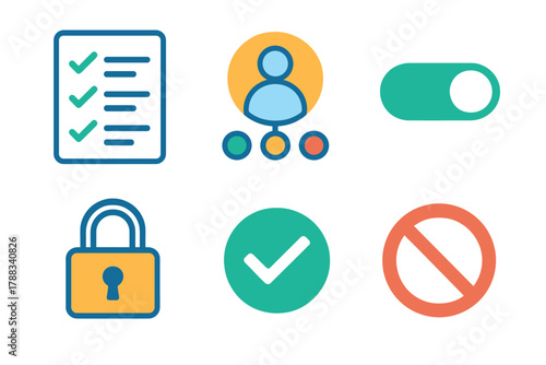 Access Control Icons. Access Control flat icons: permission list, user roles, toggle switch, padlock, approval checkmark, restriction icon.