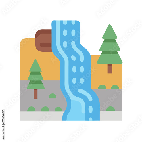 Flat illustration showing a waterfall cascading through a forest