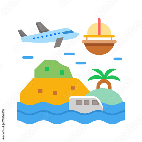Iconic tropical vacation image showcasing airplane, beach, ship and sea