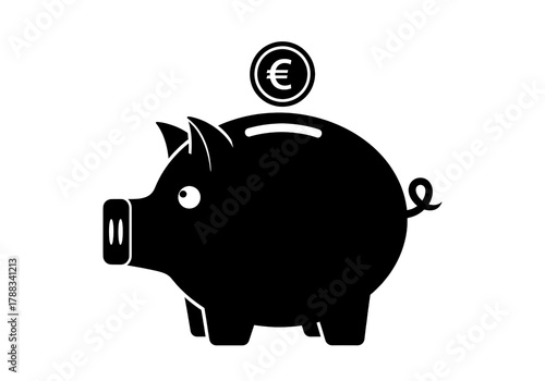 Black piggy bank with euro coin isolated PNG, savings and investment concept for finance and banking themes on transparent background