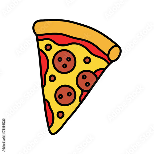 Colorful cartoon illustration of a single slice of pepperoni pizza with cheese and sauce and a thick golden crust