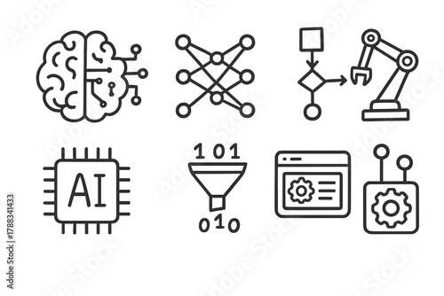 AI Icon Doodle Set. Intelligent Systems outline icons: digital brain, machine learning nodes, algorithm pipeline, robotic arm, AI chip, smart data stream, adaptive interface,