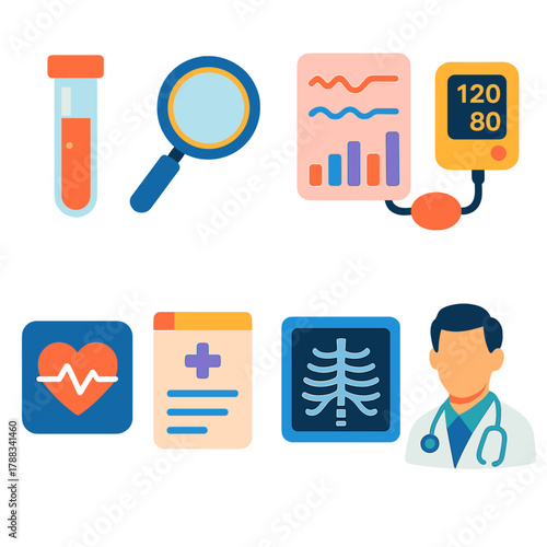 Healthcare Icon Set. Early Detection flat icons: lab test tube, magnifying glass, screening chart, blood pressure monitor, heart rate tracker, medical report, x-ray image, doctor