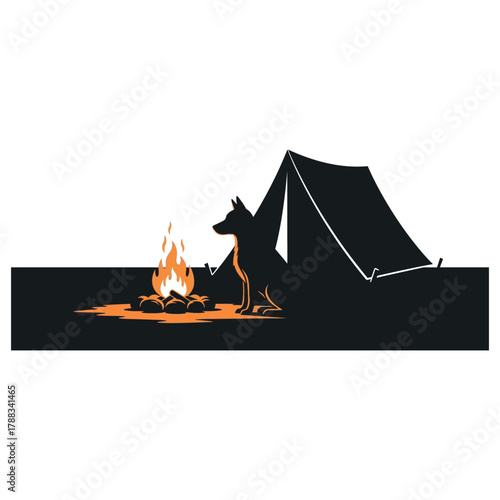 Dynamic minimalist silhouette of a loyal dog watching over a crackling campfire near a tent, perfect for outdoor adventure and camping brands