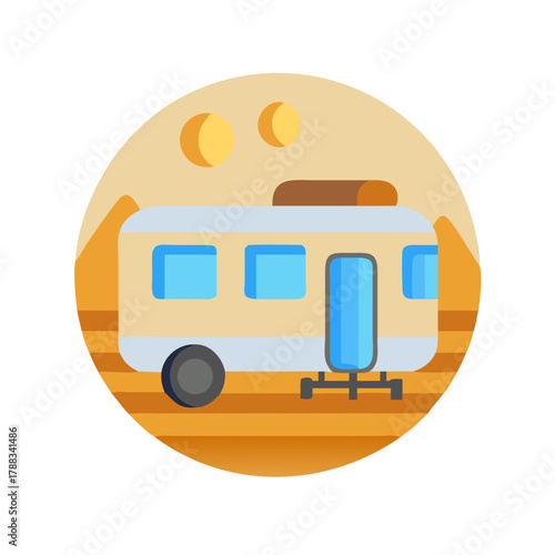 Flat vector illustration of a vintage caravan in desert landscape