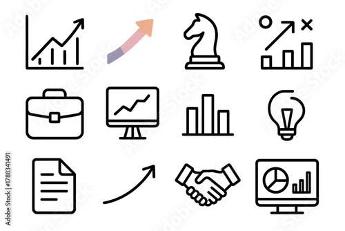 Modern Business Icons. Modern Business Strategy linear icon set: minimalist chart, gradient arrow, sleek chess piece, structured goal map, transparent briefcase, digital whiteboard
