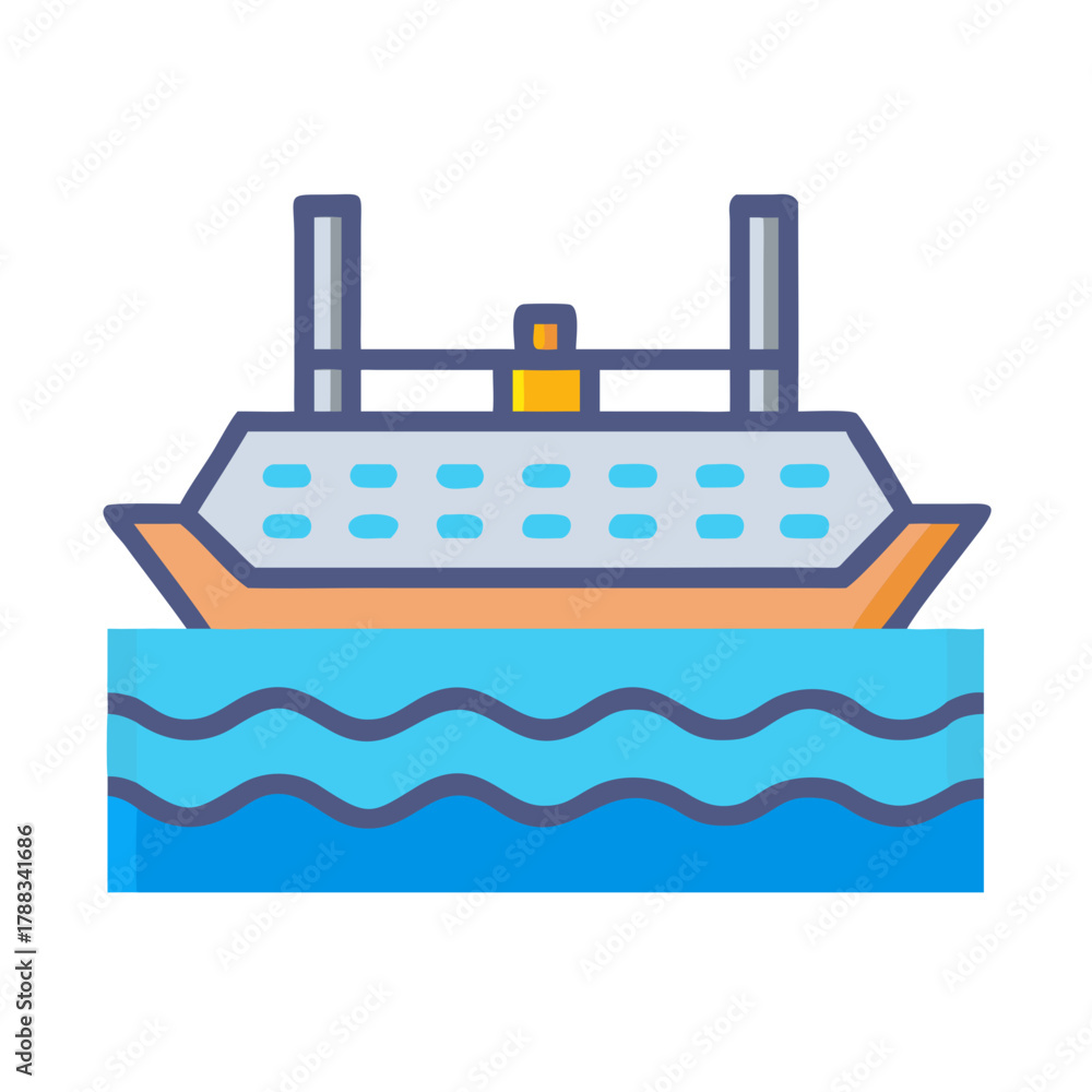 Obraz premium Cartoon cruise ship sailing on blue wavy water graphic