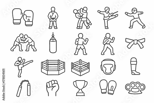 Martial Arts and Boxing Line Icons Set