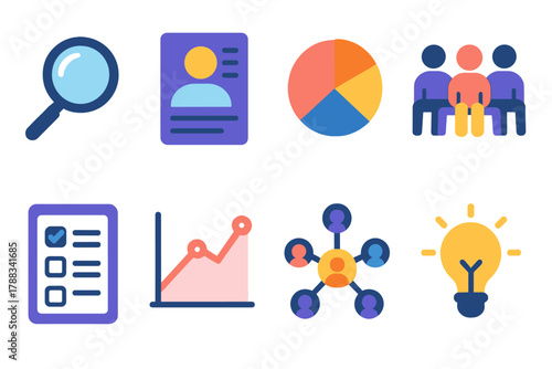 Audience Research Icons. Audience Research flat icons: magnifying glass, persona profile, pie chart, focus group, survey form, analytics graph, user network, insight bulb.