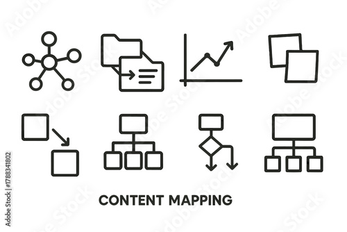 Iconic Mind Mapping. Content Mapping linear icon set: mind map, node connection, folder icon, wireframe, graph lines, sticky notes, linking arrows, structure tree.