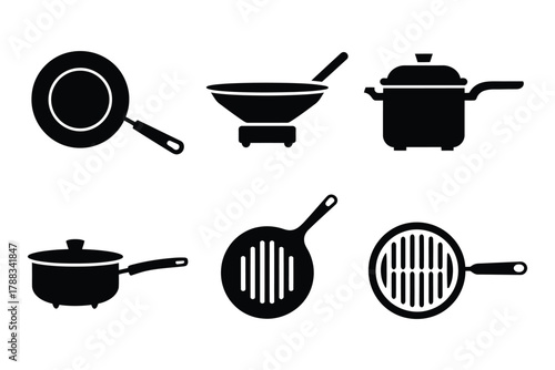 Vector collection of kitchen utensils, including a frying pan, wok, pot, saucepan, spatula, and grill pan cooking tools set