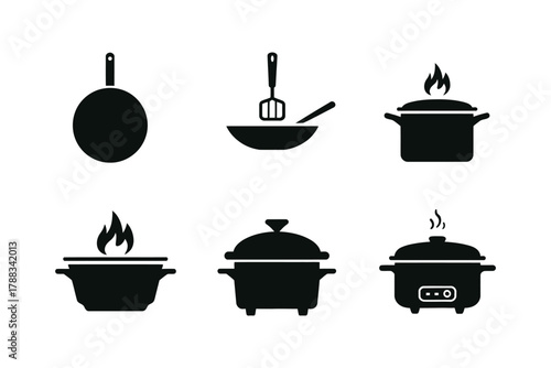 Vector collection of kitchen appliances, including a frying pan, wok, pot, and slow cooker cooking tools and equipment set
