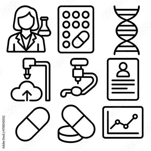 Biotech Icons Collection. Pharmaceutical Tech linear icon set: biotech icon, pill dispenser, DNA helix, digital report, robotic lab tool, medicine tablet, cloud data icon, lab