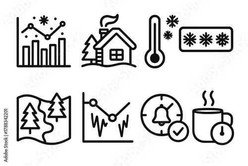 Winter Data Visuals. Winter Analytics linear icon set: snowfall data graph, cozy cabin overview, temperature gauge, snowflake counter, pine forest map, icicle trend line, holiday