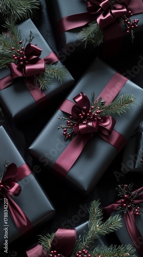 Elegant Black Gifts Wrapped With Burgundy Bows and Seasonal Decorations Arran...