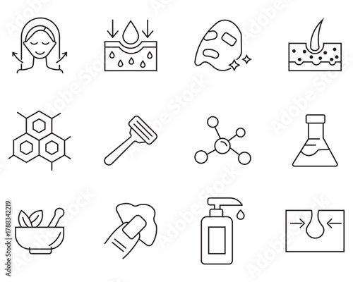 Set of skin care editable outline icons set. collation of natural cosmetic, organic cosmetic, dermatological control, vegan and more. Skin care linear style. Vector illustration. 
