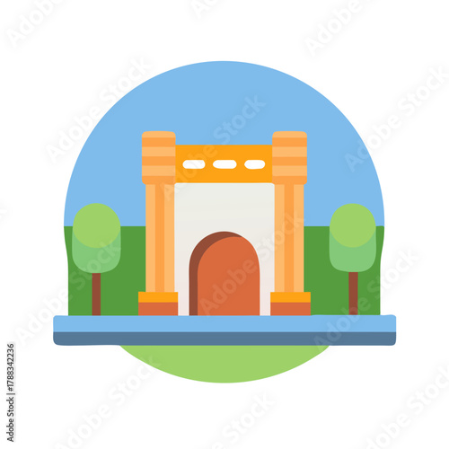 Flat vector icon of ancient arch and landscape