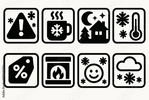 Winter Icon Set. Winter Notifications silhouette icon set: snowstorm alert, cocoa break reminder, cozy night suggestion, frost advisory, winter sale ping, fireplace animation popup