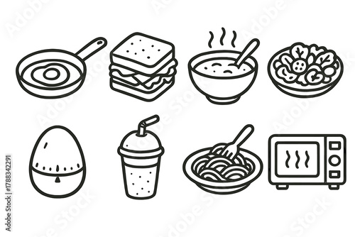 Quick Meals Icons. Quick Meals outline icons: frying pan, sandwich icon, soup bowl, salad plate, egg timer, smoothie cup, pasta dish, microwave icon.