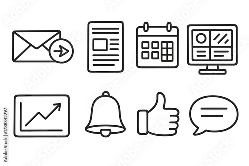 Campaign Icon Set. Campaign Outreach outline icons: email send button, newsletter, calendar, CRM dashboard, open rate chart, notification bell, thumbs-up, message icon.