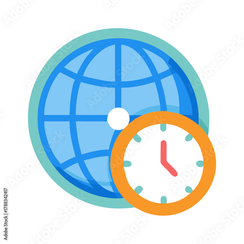 Global time management icon with clock and earth globe