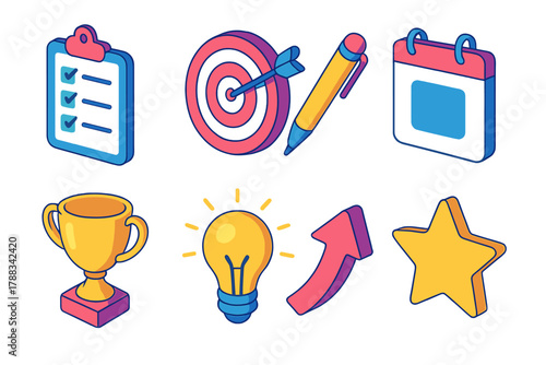 Vibrant Goal Setting Icons. Goal Setting Pack modern flat icons set: checklist clipboard, dartboard target, pen, calendar page, trophy, light bulb idea, arrow upward, star