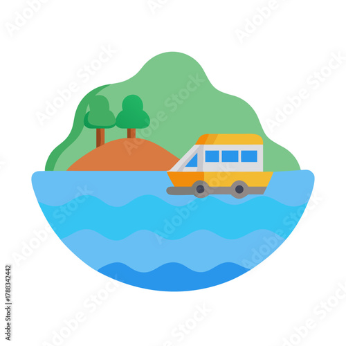 Flat design illustration of a boat near green island