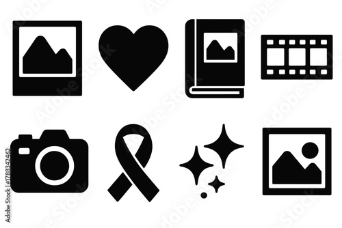 Brutalist Memory Icons. Precious Memories Icons silhouette icon set: polaroid, heart, photo album, film strip, camera, ribbon, sparkle dust, framed picture