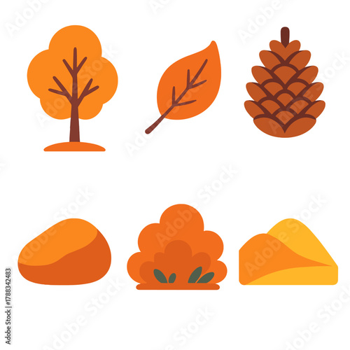 Minimalist Autumn Icons. Autumn Valley flat icons: Orange Tree, Fallen Leaf, Pine Cone, Rock, Bush, Hill.