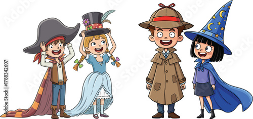 Children in Pirate, Princess, Detective and Wizard Costumes – Imaginative Dress-Up, Role Play and Fantasy Party Vector Cartoon Illustration