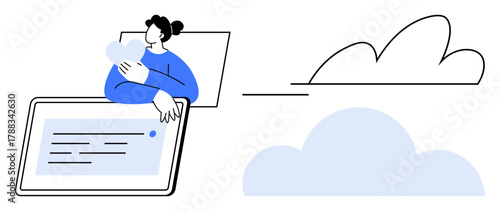 Woman holding heart sits on tablet filled with text elements, with surrounding cloud visuals. Ideal for themes thumbs up technology, connection, compassion, health, cloud computing, love, simple flat