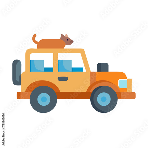 Cartoon off-road vehicle with pet dog on top carrier