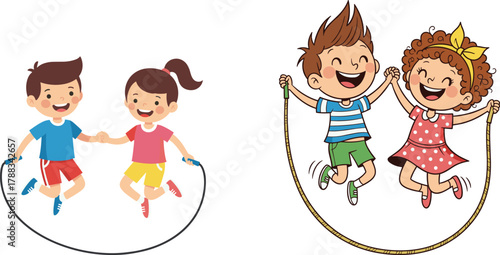 Children jumping rope together in summer park, playful kids holding hands, outdoor fun, teamwork, physical activity, healthy lifestyle, joyful scene