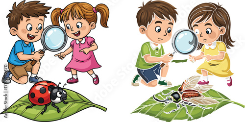 Children Observing Ladybug and Cicada with Magnifying Glasses – Nature Exploration, Insect Study, Curiosity and Learning Vector Cartoon Illustration