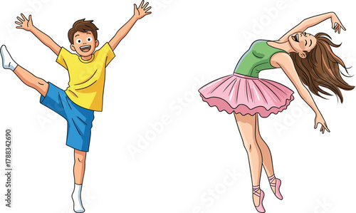 Children Performing Dance Poses in Cartoon Style, Energetic Jump and Graceful Ballet Leap, Expressive Movement, Colorful Outfits, Fun Activity Scene