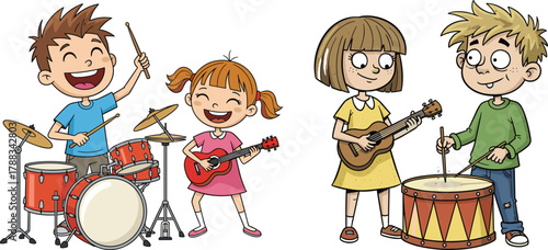 Children playing musical instruments in cartoon style, showing joyful band activity, teamwork, rhythm, and fun music learning moments for kids.