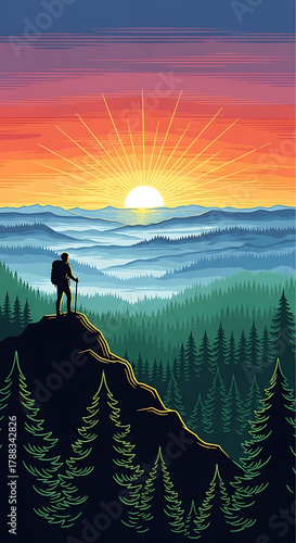 Stylized simple landscape hiker mountain peak pine forest sunrise vector
