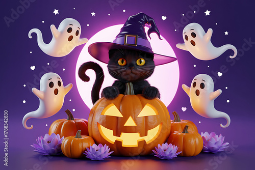 Black Witch Cat for Halloween-Black cat with Jack o lantern pumpkin, Halloween theme, pumpkin happy halloween 3D