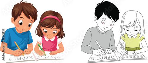 Children Practicing Handwriting in Classroom Setting with Workbooks, Tracing Letters and Words, Educational Activity for Early Learning and Development