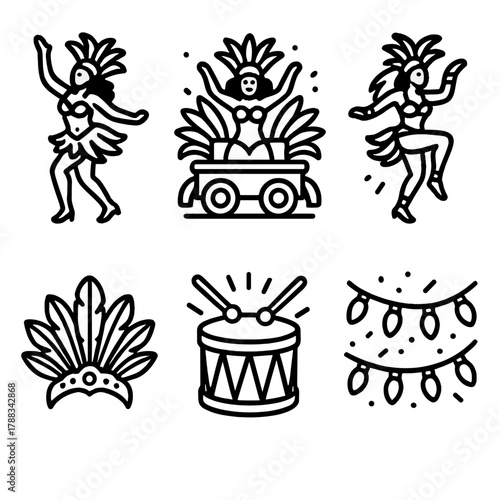 Samba Parade Extravaganza. Festival Dance linear icon set: samba costume, parade float, feather headdress, drum rhythm, colorful lights, joyful movement.