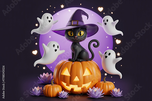 Black Witch Cat for Halloween-Black cat with Jack o lantern pumpkin, Halloween theme, pumpkin happy halloween 3D