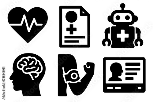 Brutalist Healthcare Icons. Healthcare AI silhouette icon set: heart monitor, diagnosis chart, medical robot, brain scan, wearable sensor, patient data.