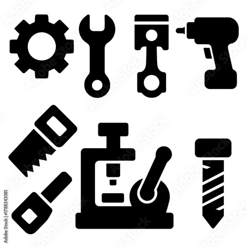 Industrial Tool Icons. Manufacturing Equipment silhouette icon set: gear system, wrench, piston, drill, saw, machine press, control switch, bolt.