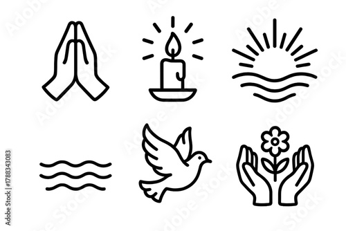 Spiritual Symbols Icons. Spiritual Gratitude linear icon set: prayer hands, candle flame, light rays, calm water, dove symbol, sacred offering.