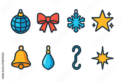Vibrant Ornament Icons. Decorative Ornaments Symbols modern flat icons set: glitter ball, ribbon bow, snowflake charm, star cluster, hanging bell, crystal drop, ornament hook,