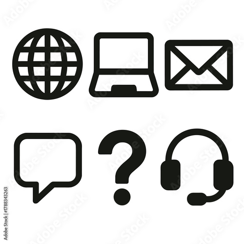 Brutalist Helpdesk Icons. Online helpdesk silhouette icon set: globe, laptop, email envelope, chat bubble, question mark, headset.