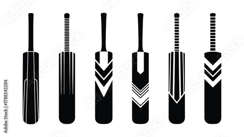 Vector Collection of cricket bat silhouette, showcasing different designs and patterns for sports equipment enthusiasts