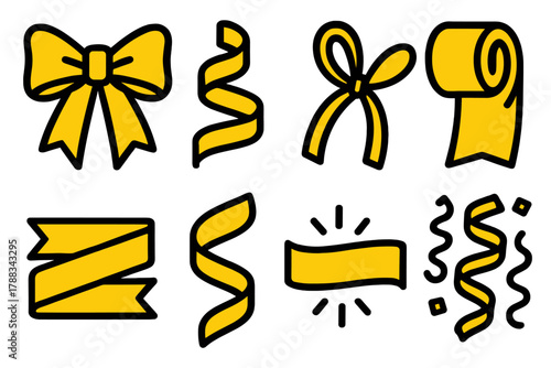 Brutalist Ribbon Icons. Festive Ribbon Icons silhouette icon set: satin bow, curled ribbon, tied loop, streamer roll, folded band, ribbon twist, glowing strip, confetti ribbon