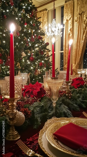 Elegant Holiday Dining Setup in a Beautifully Decorated Room With a Christmas...